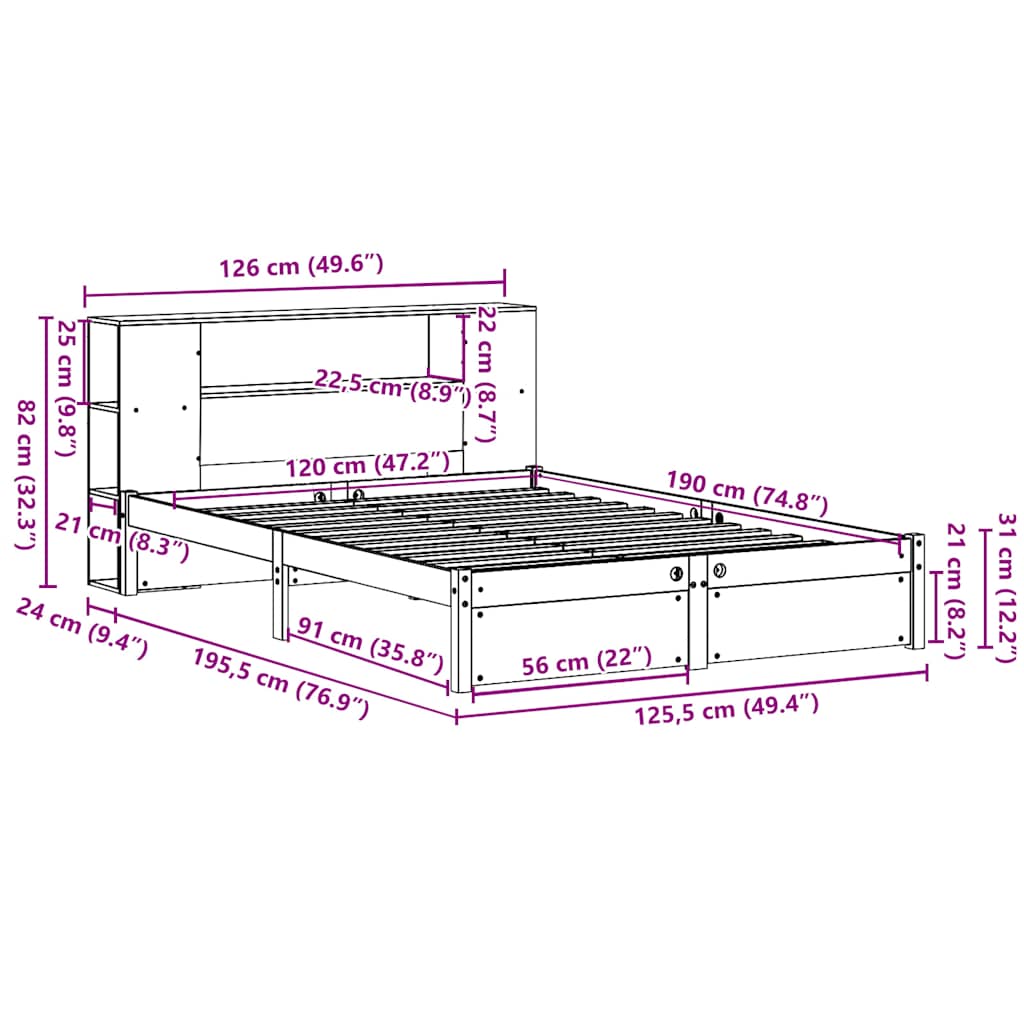 Seng med bokhylle uten madrass 120x190 cm heltre furu