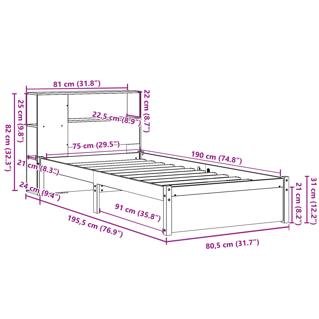 Seng med bokhylle uten madrass 75x190 cm heltre furu