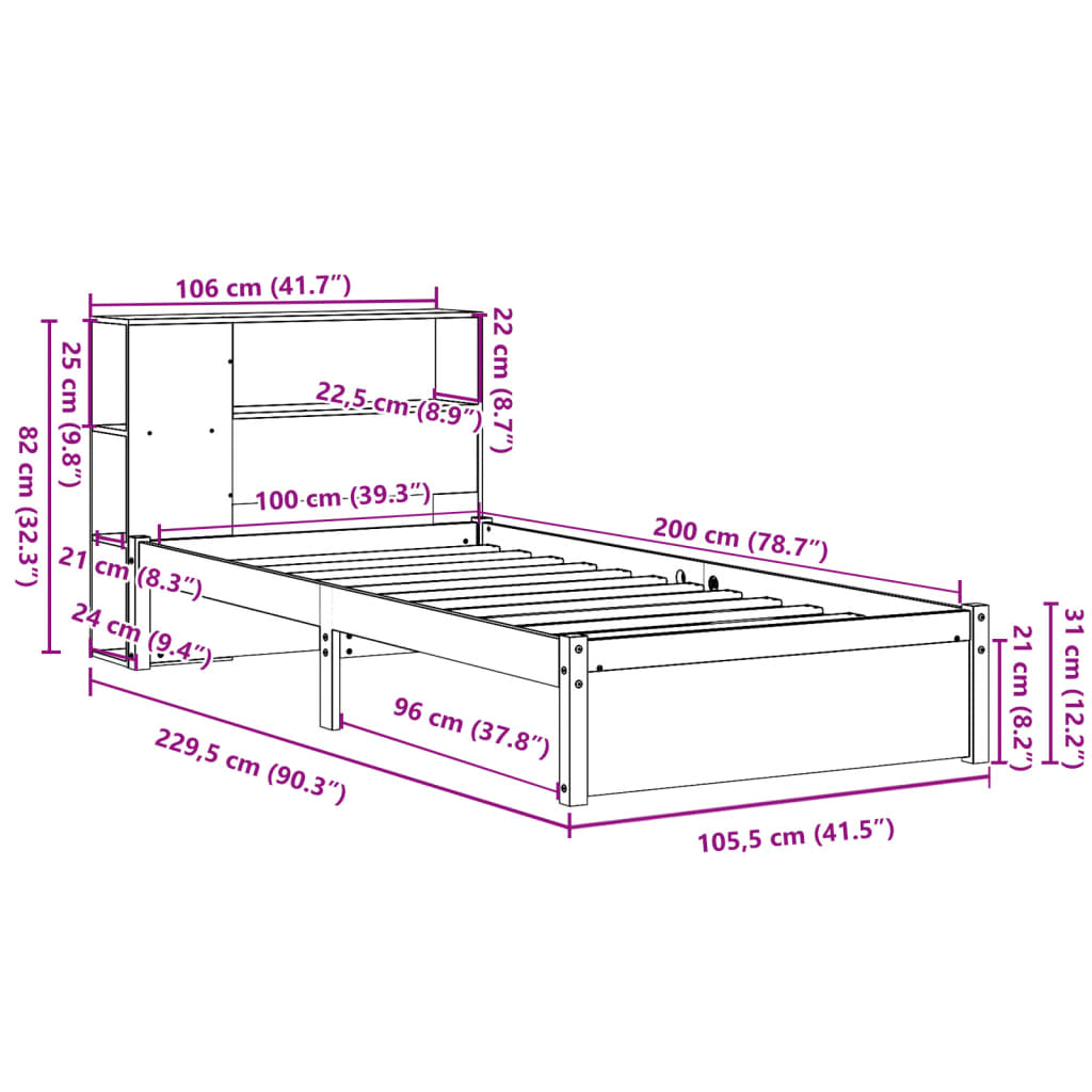 Seng med bokhylle uten madrass 100x200 cm heltre furu