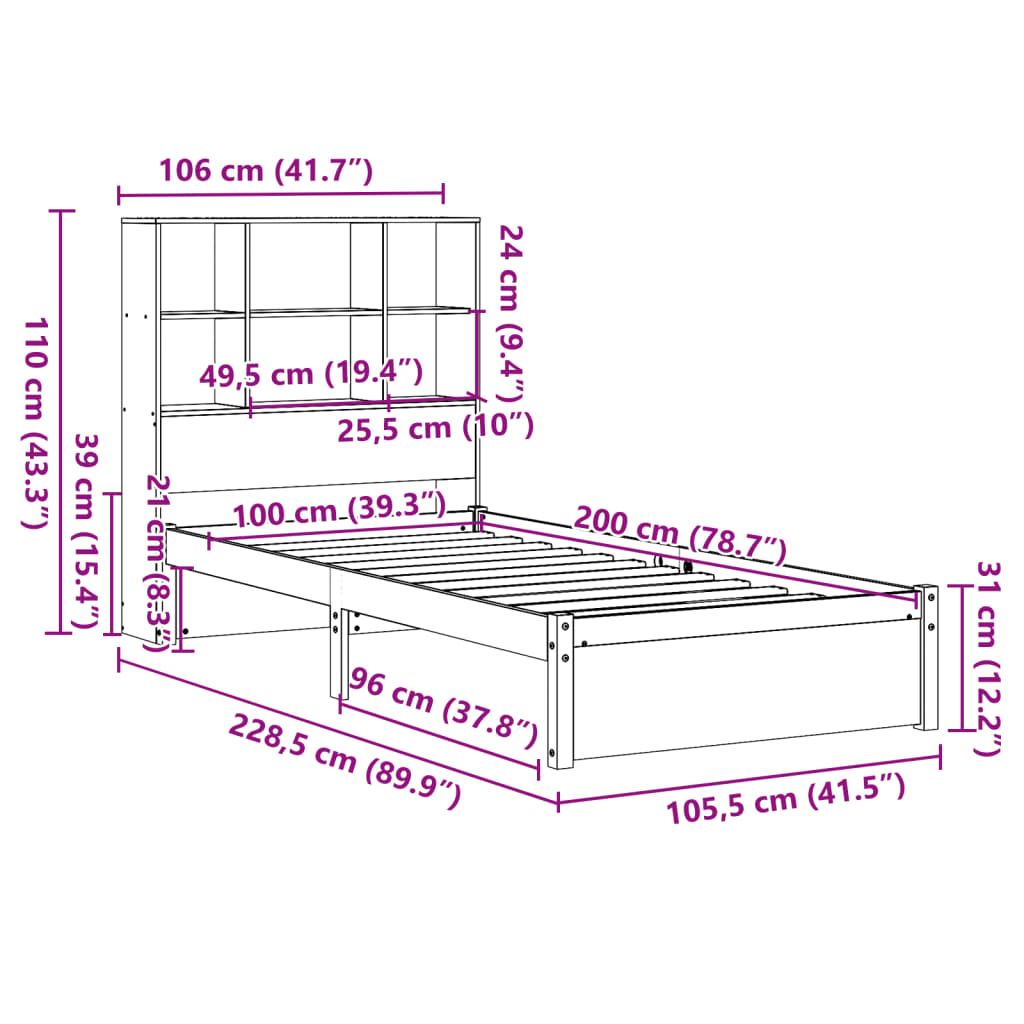 Seng med bokhylle uten madrass 100x200 cm heltre furu