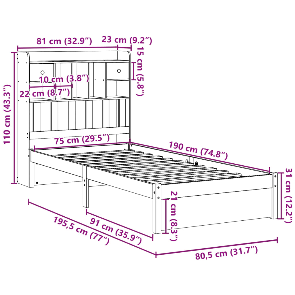 Seng med bokhylle uten madrass 75x190 cm heltre furu