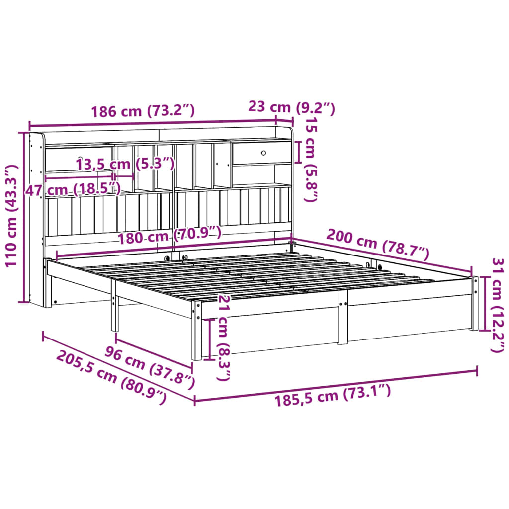 Seng med bokhylle uten madrass hvit 180x200 cm heltre furu