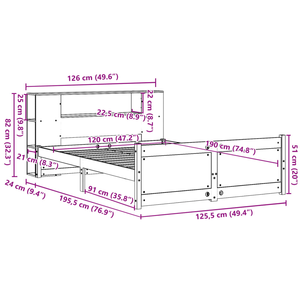 Seng med bokhylle uten madrass 120x190 cm heltre furu