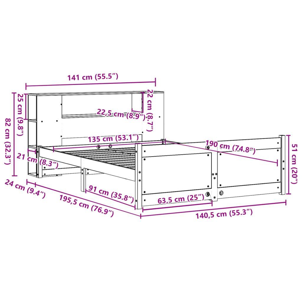 Seng med bokhylle uten madrass 135x190 cm heltre furu