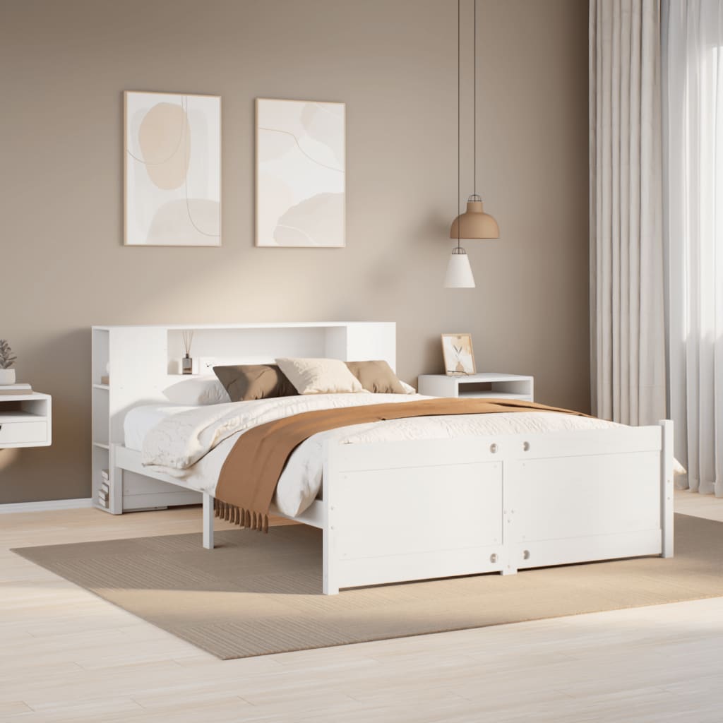 Seng med bokhylle uten madrass hvit 135x190 cm heltre furu