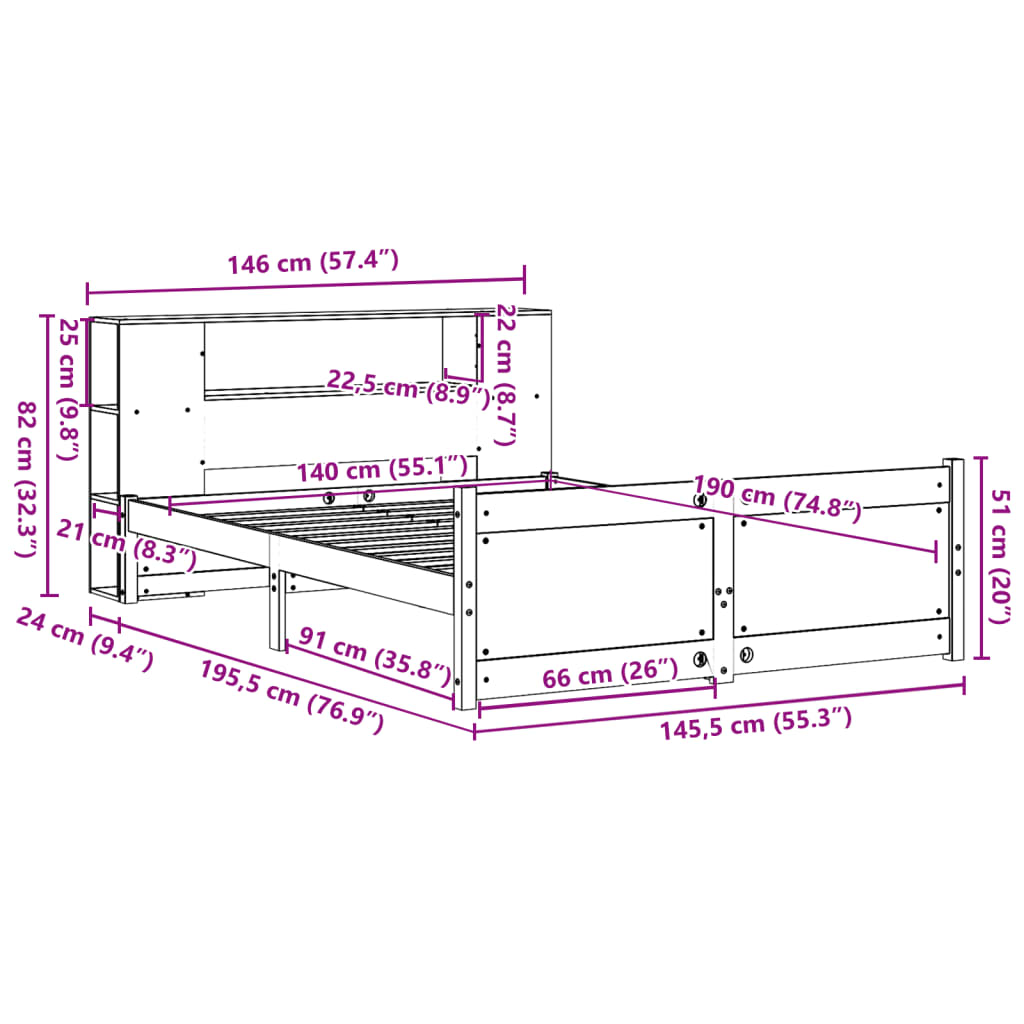 Seng med bokhylle uten madrass hvit 140x190 cm heltre furu vidaXL