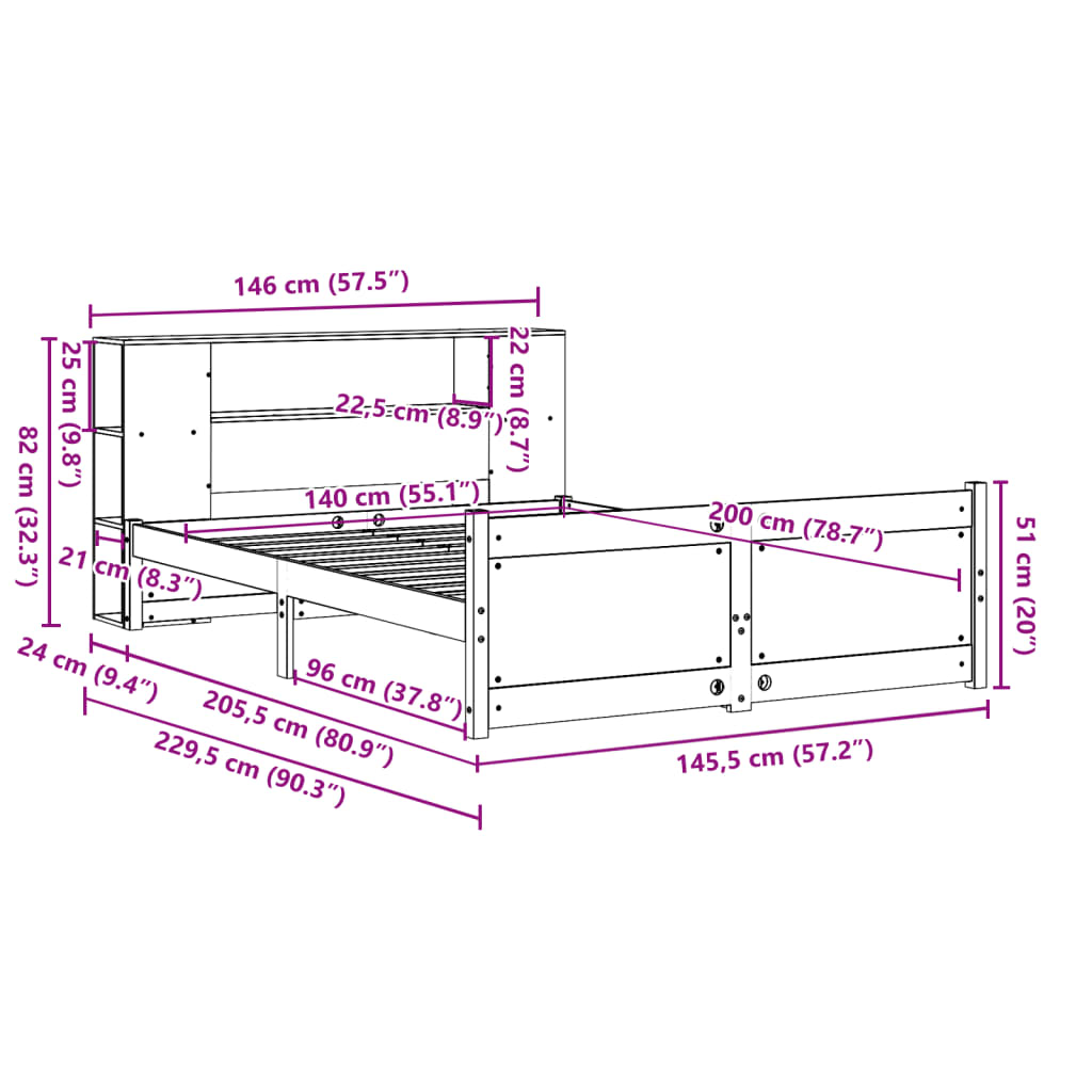 Seng med bokhylle uten madrass 140x200 cm heltre furu