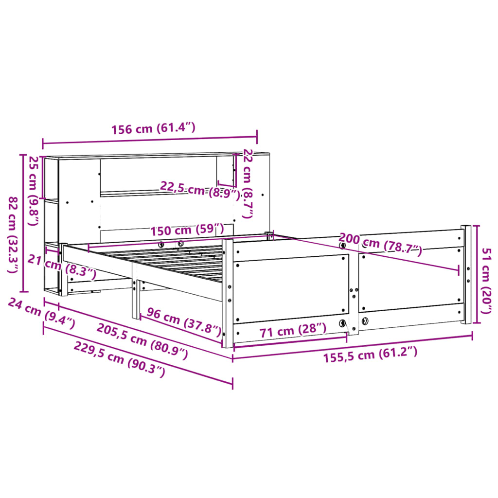 Seng med bokhylle uten madrass hvit 150x200 cm heltre furu