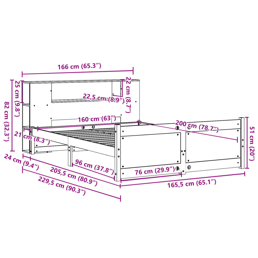 Seng med bokhylle uten madrass hvit 160x200 cm heltre furu
