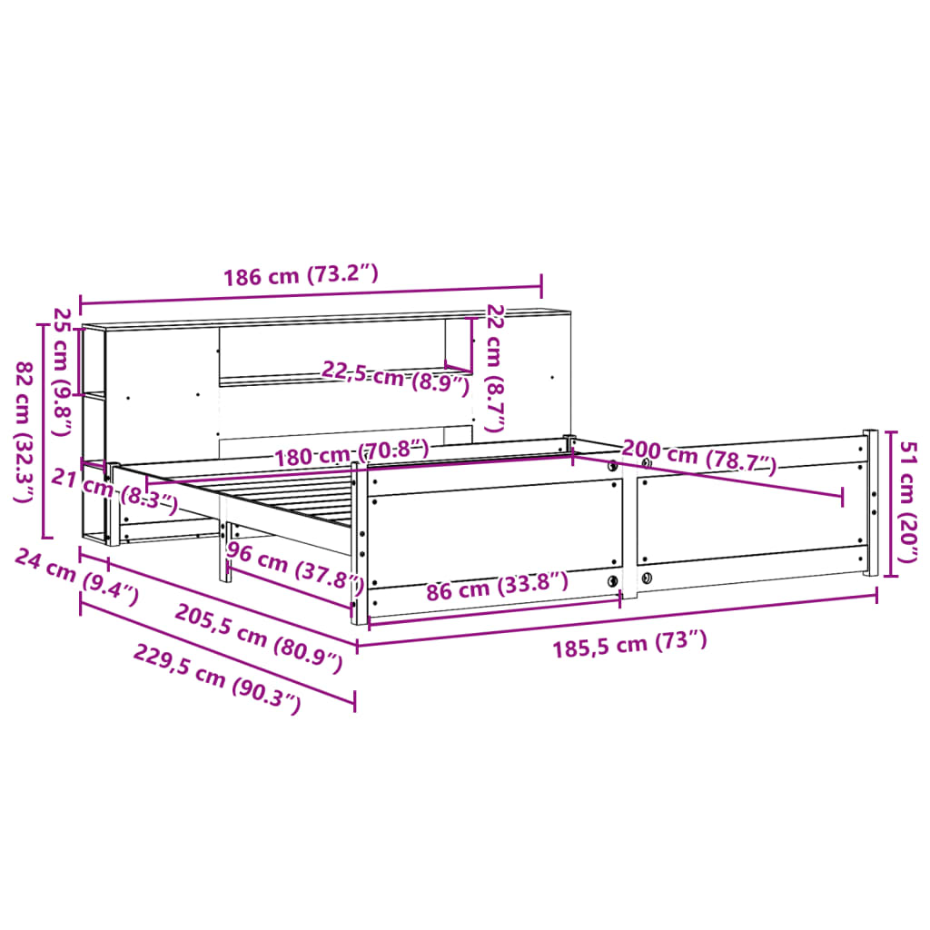 Seng med bokhylle uten madrass hvit 180x200 cm heltre furu