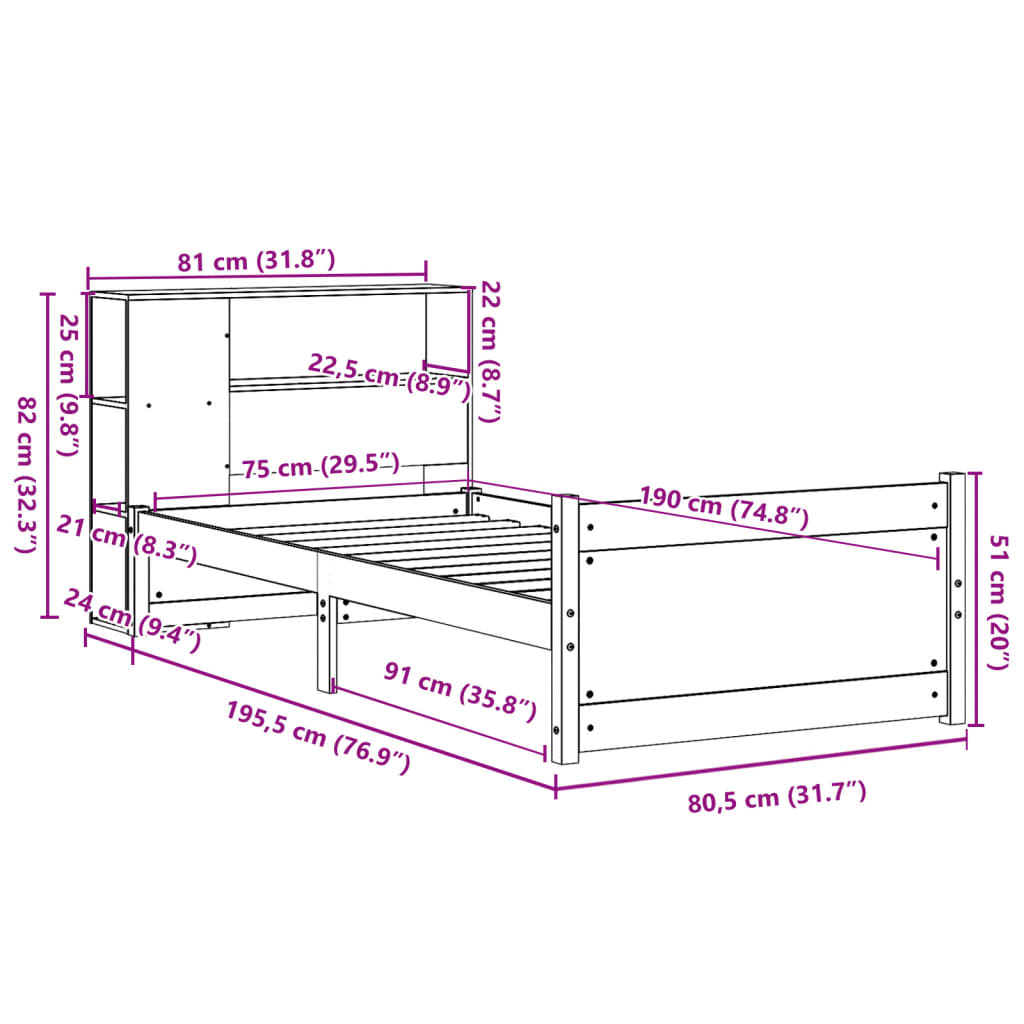 Seng med bokhylle uten madrass 75x190 cm heltre furu