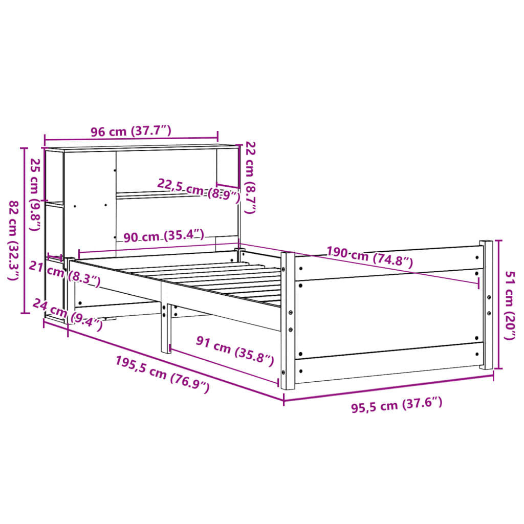 Seng med bokhylle uten madrass 90x190 cm heltre furu
