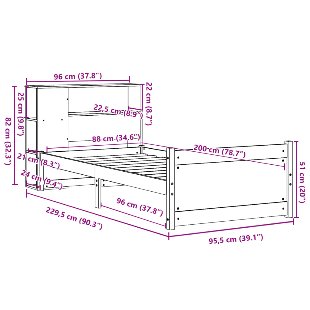 Seng med bokhylle uten madrass 90x200 cm heltre furu