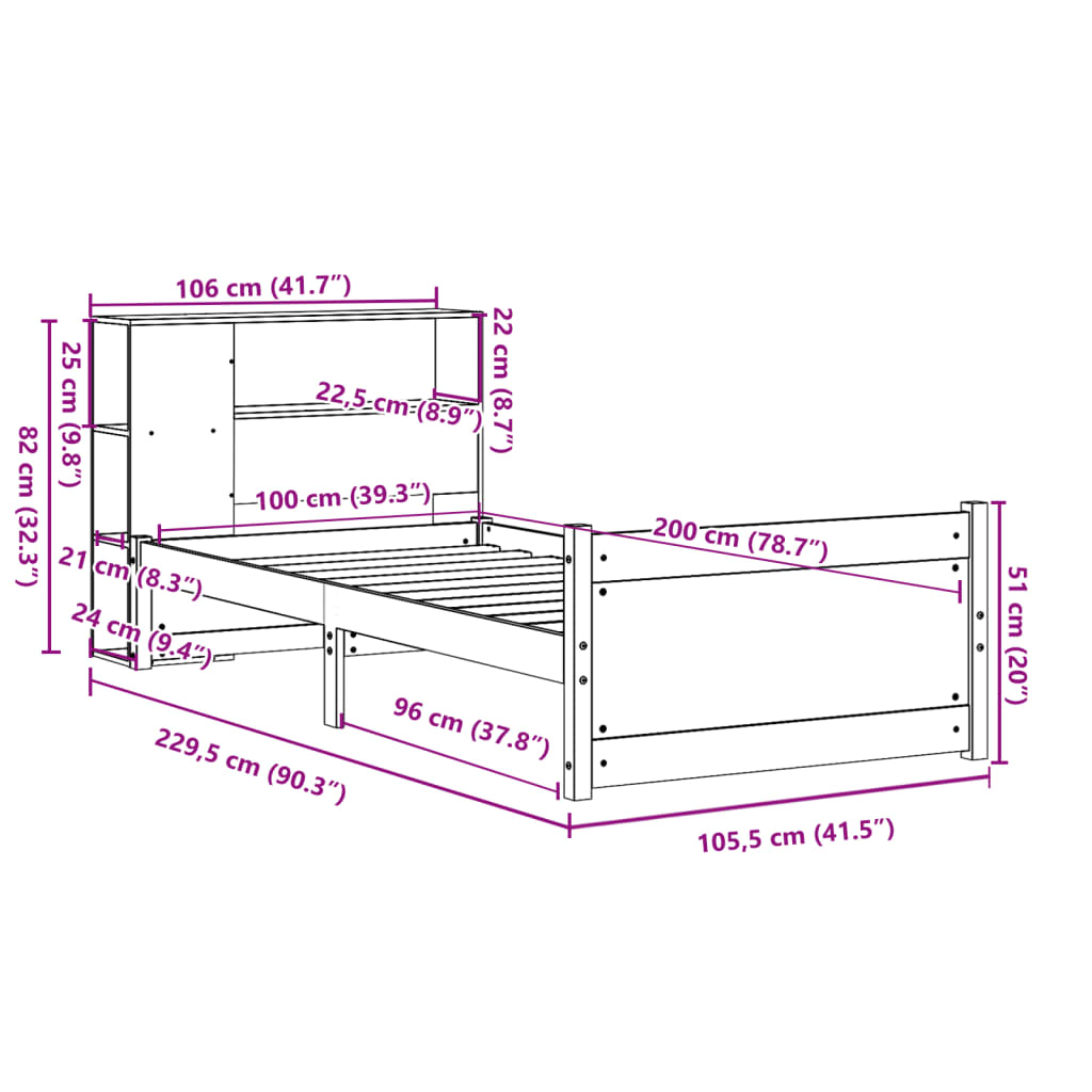 Seng med bokhylle uten madrass 100x200 cm heltre furu