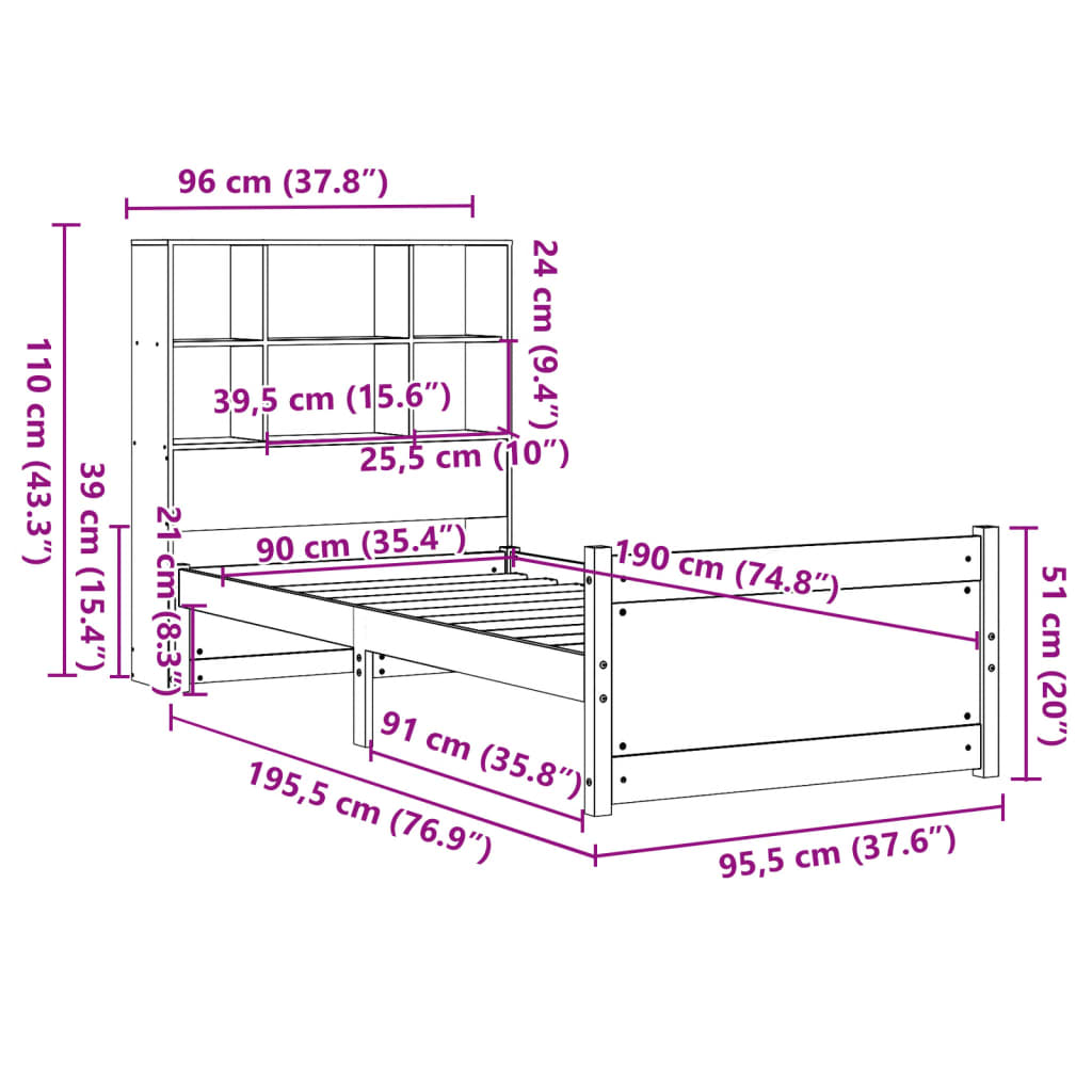 Seng med bokhylle uten madrass 90x190 cm heltre furu