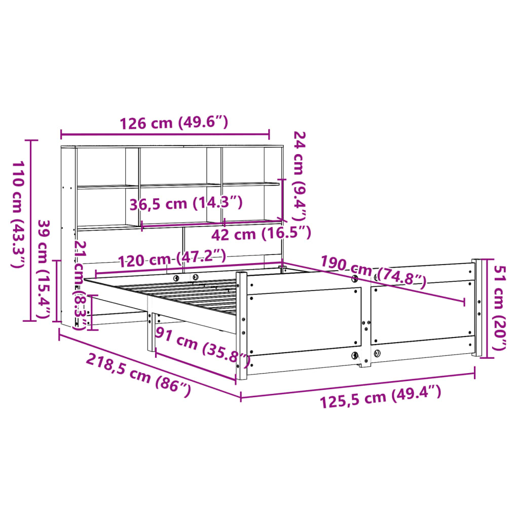 Seng med bokhylle uten madrass 120x190 cm heltre furu
