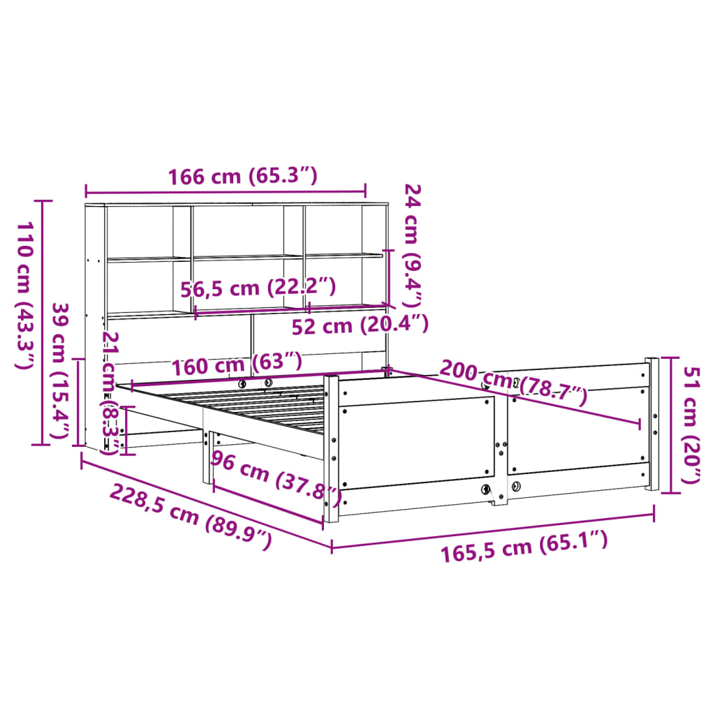 Seng med bokhylle uten madrass hvit 160x200 cm heltre furu