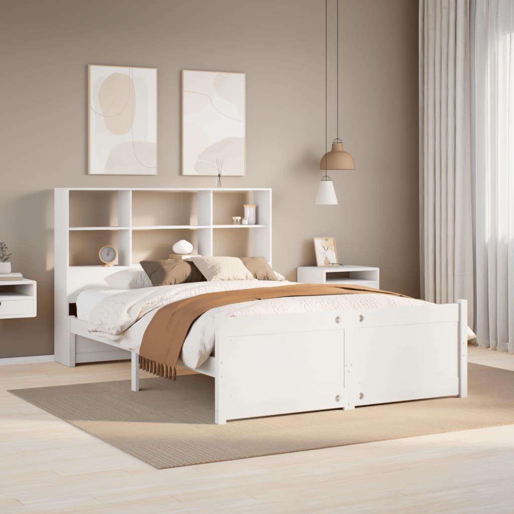 Seng med bokhylle uten madrass hvit 160x200 cm heltre furu