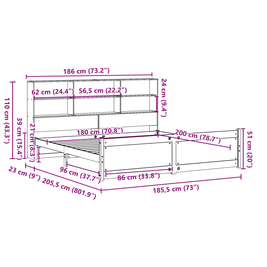 Seng med bokhylle uten madrass hvit 180x200 cm heltre furu