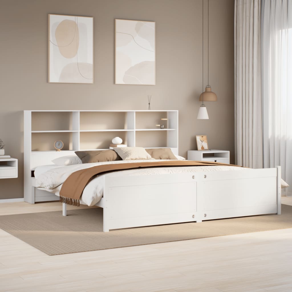 Seng med bokhylle uten madrass hvit 180x200 cm heltre furu