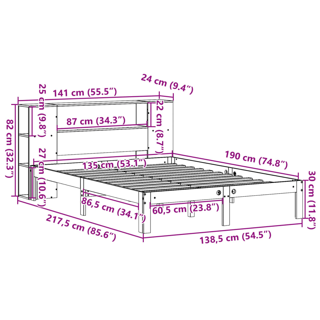 Seng med bokhylle uten madrass 135x190 cm heltre furu