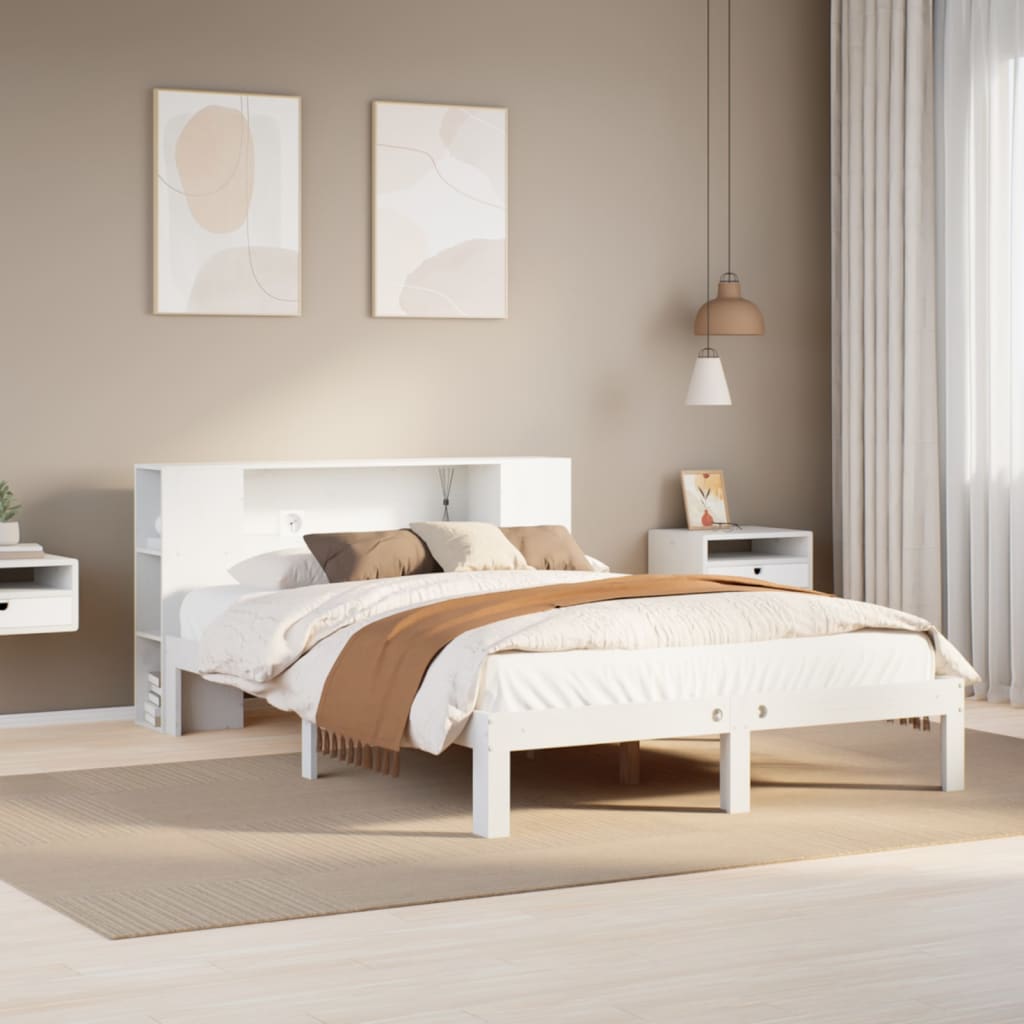 Seng med bokhylle uten madrass hvit 135x190 cm heltre furu