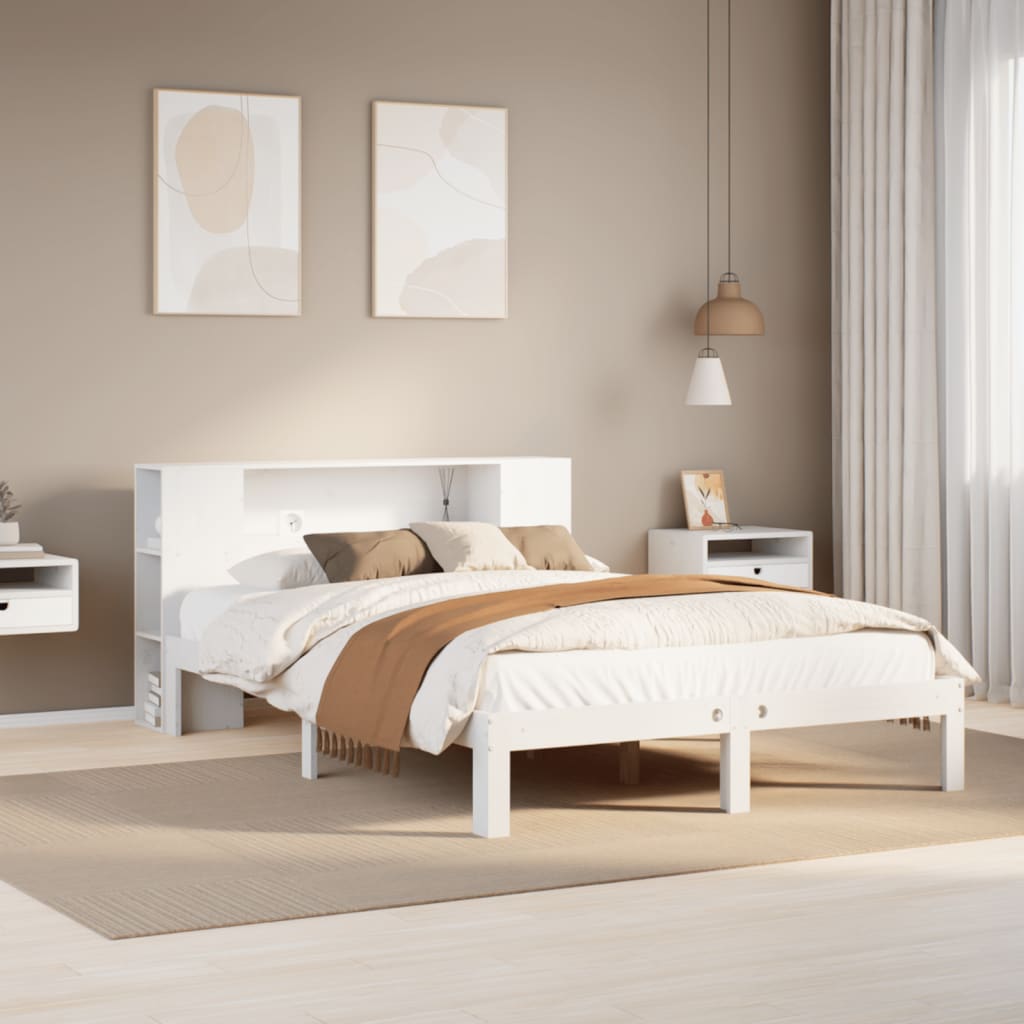 Seng med bokhylle uten madrass hvit 150x200 cm heltre furu