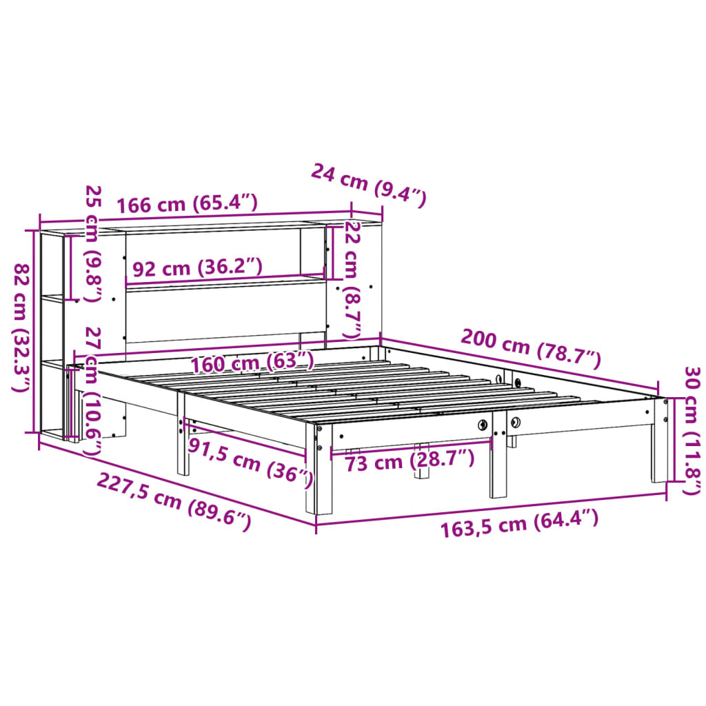 Seng med bokhylle uten madrass 160x200 cm heltre furu