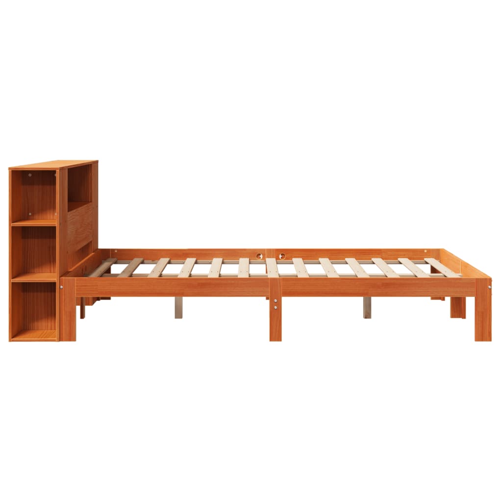 Seng med bokhylle uten madrass voksbrun 140x190 cm heltre furu