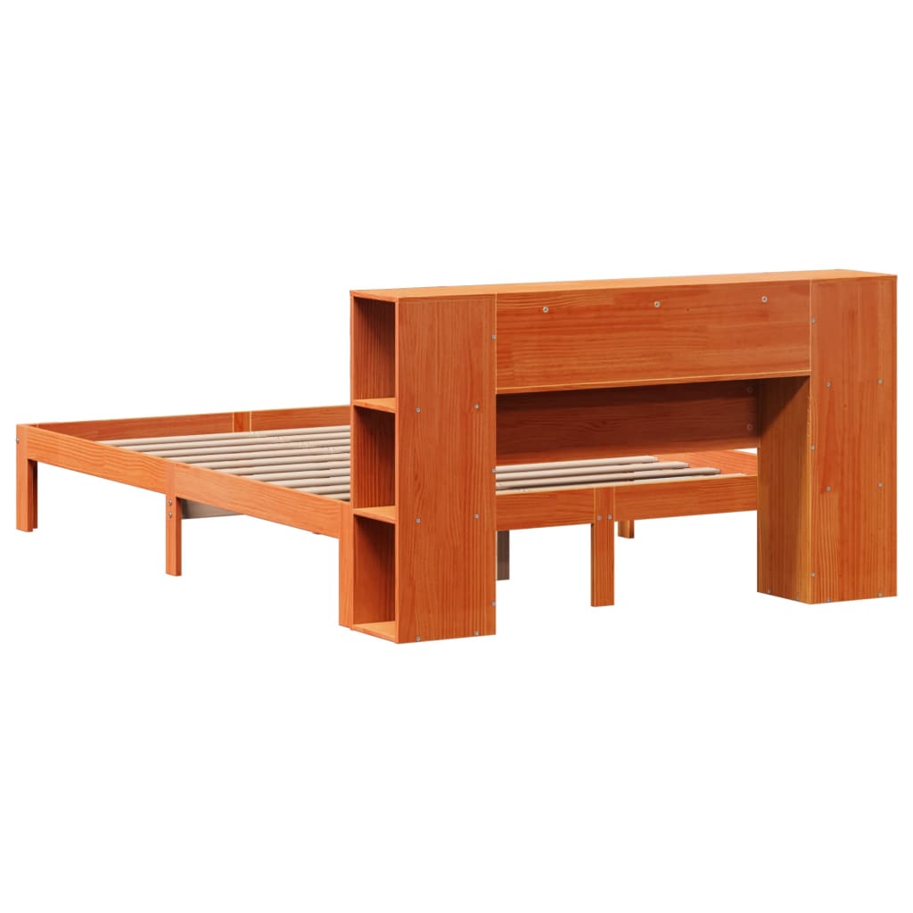 Seng med bokhylle uten madrass voksbrun 140x190 cm heltre furu