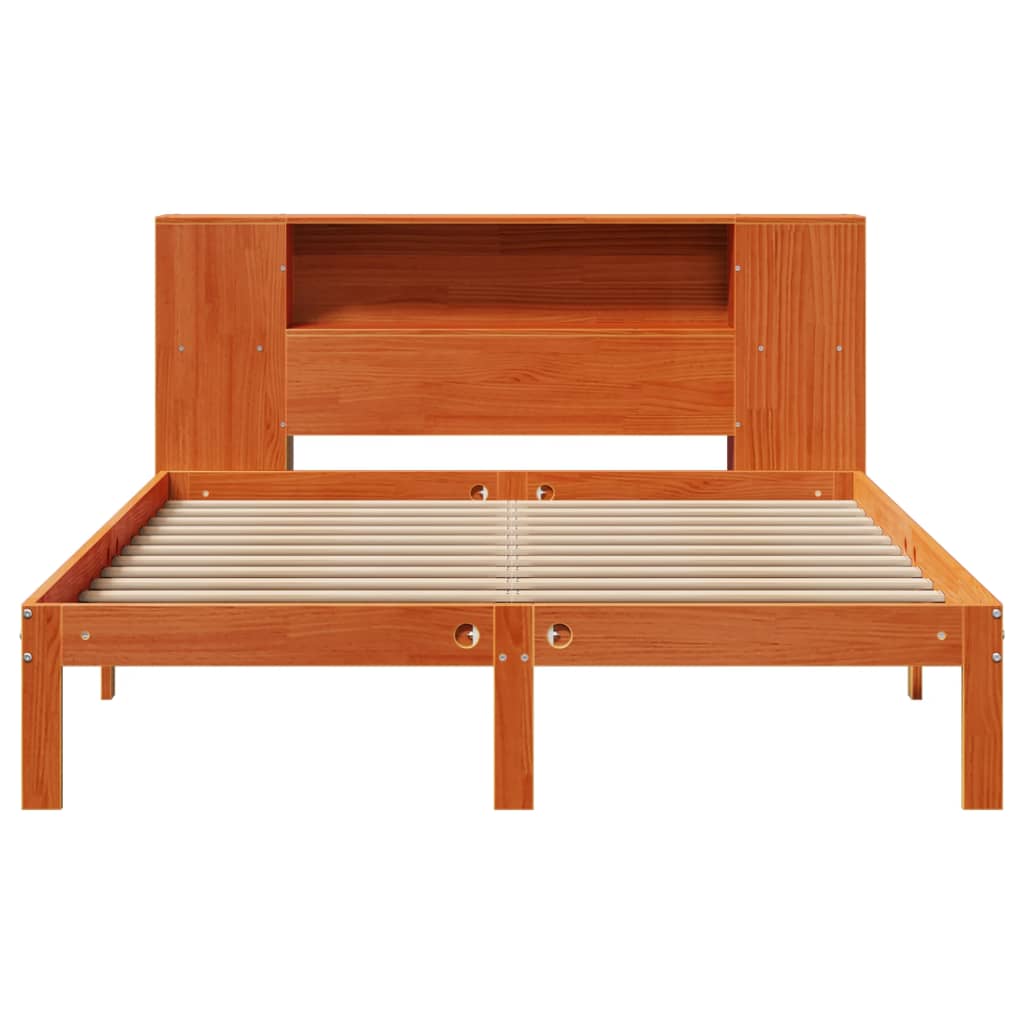Seng med bokhylle uten madrass voksbrun 140x200 cm heltre furu