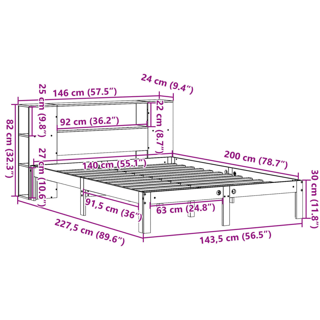 Seng med bokhylle uten madrass voksbrun 140x200 cm heltre furu