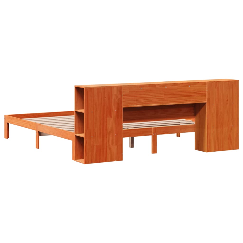 Seng med bokhylle uten madrass voksbrun 180x200 cm heltre furu