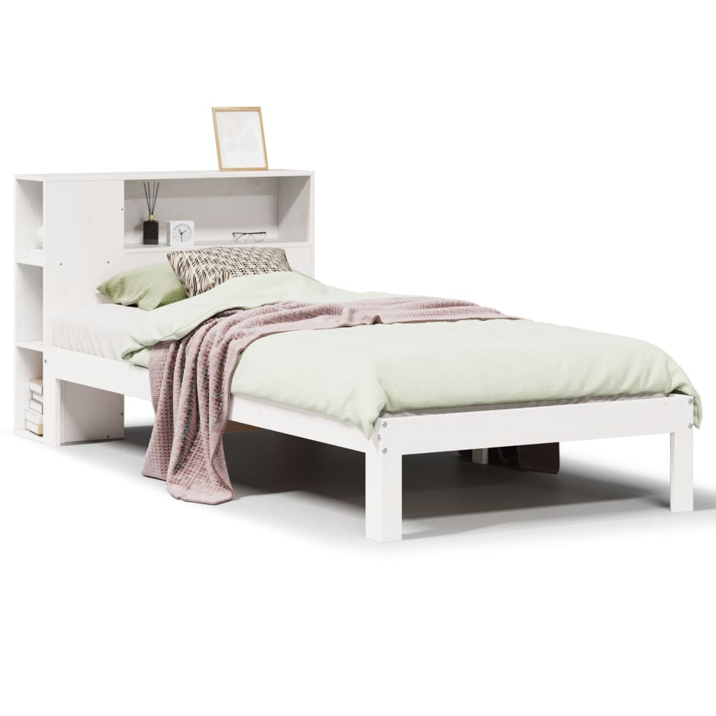 Seng med bokhylle uten madrass hvit 75x190 cm heltre furu