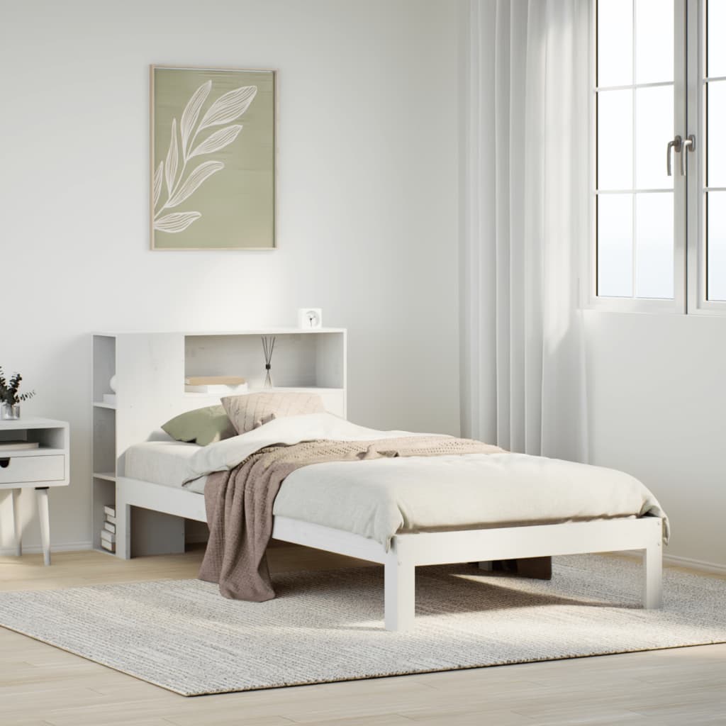 Seng med bokhylle uten madrass hvit 75x190 cm heltre furu