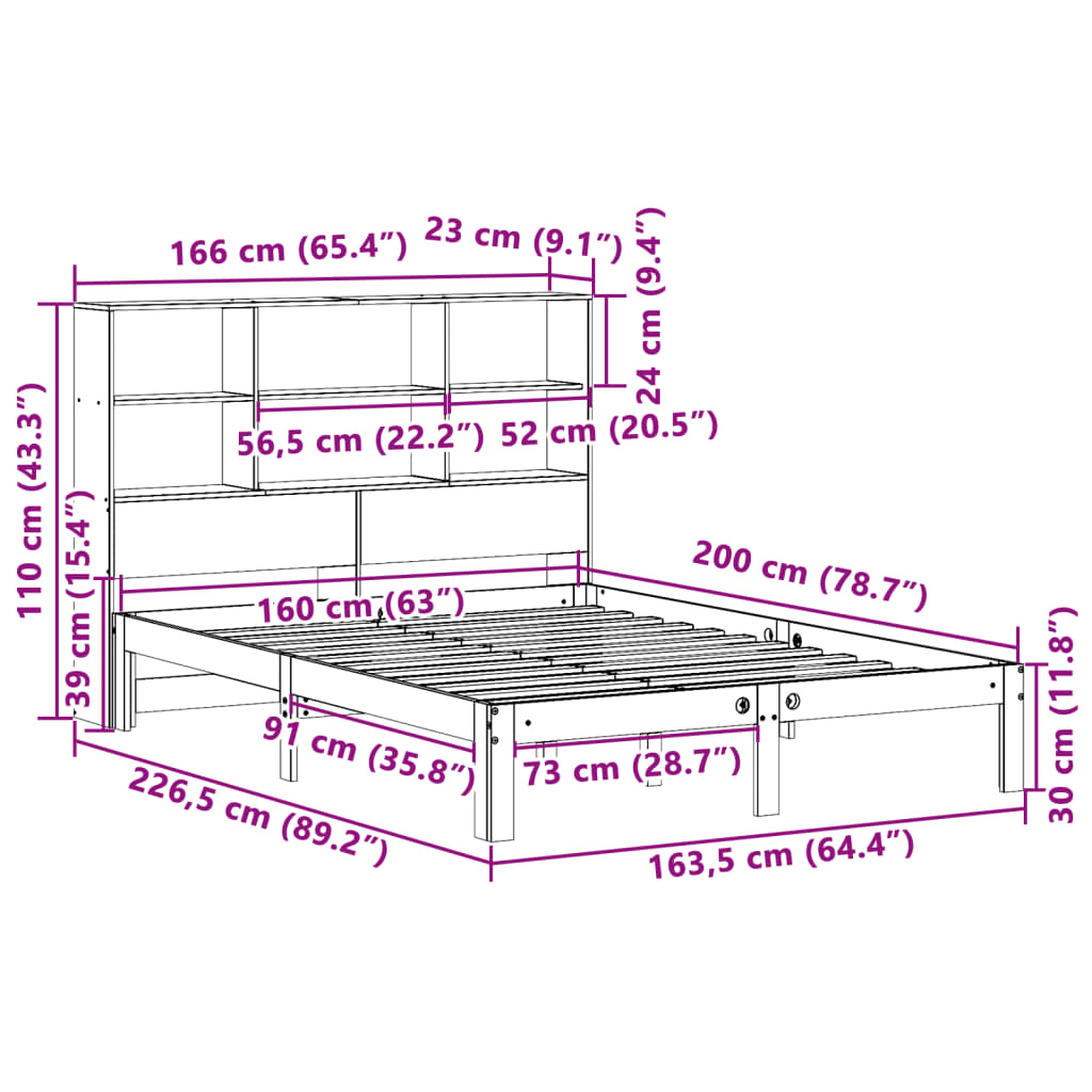 Seng med bokhylle uten madrass hvit 160x200 cm heltre furu