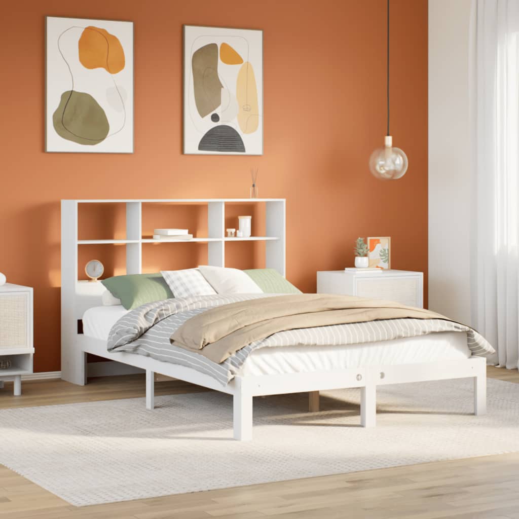 Seng med bokhylle uten madrass hvit 160x200 cm heltre furu
