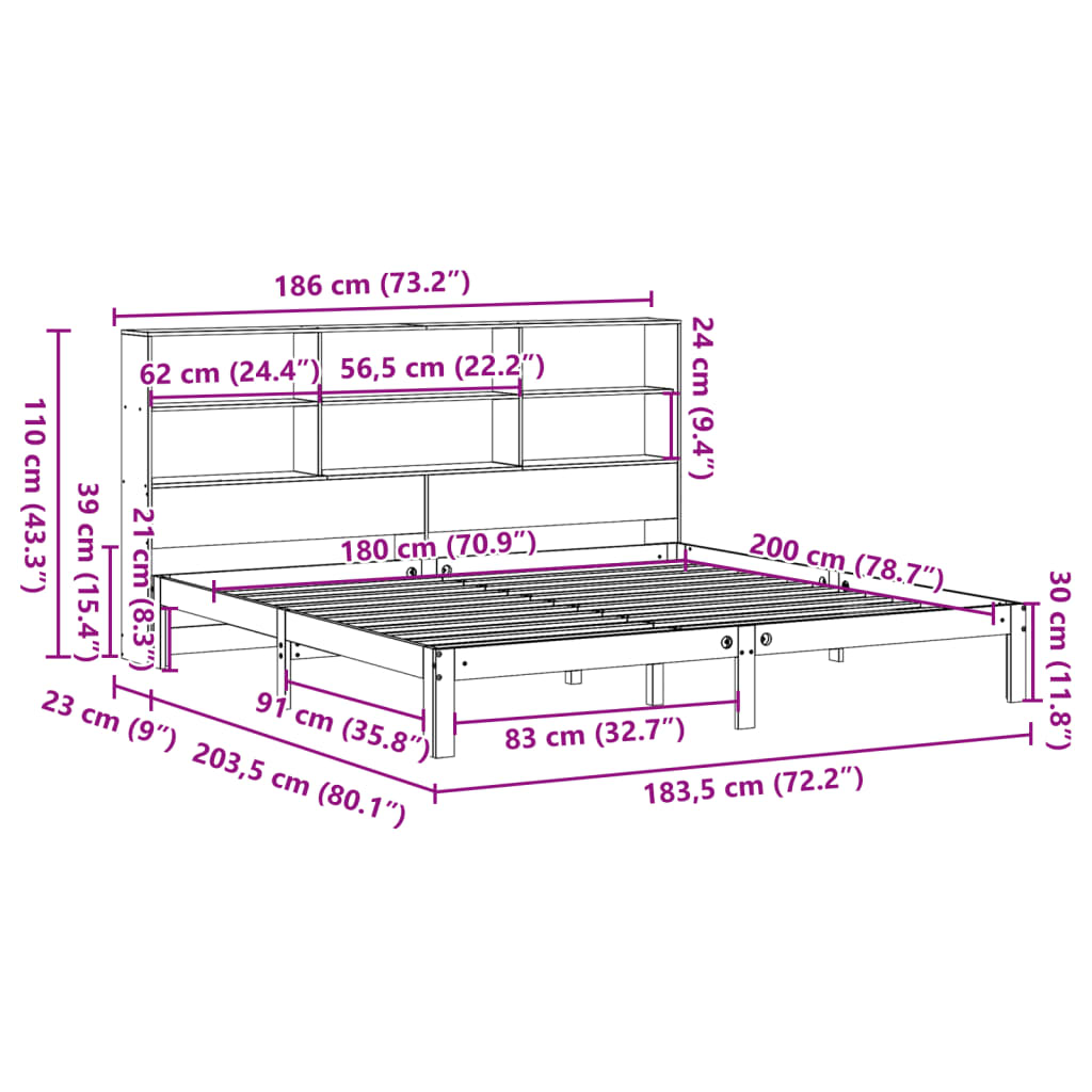 Seng med bokhylle uten madrass hvit 180x200 cm heltre furu