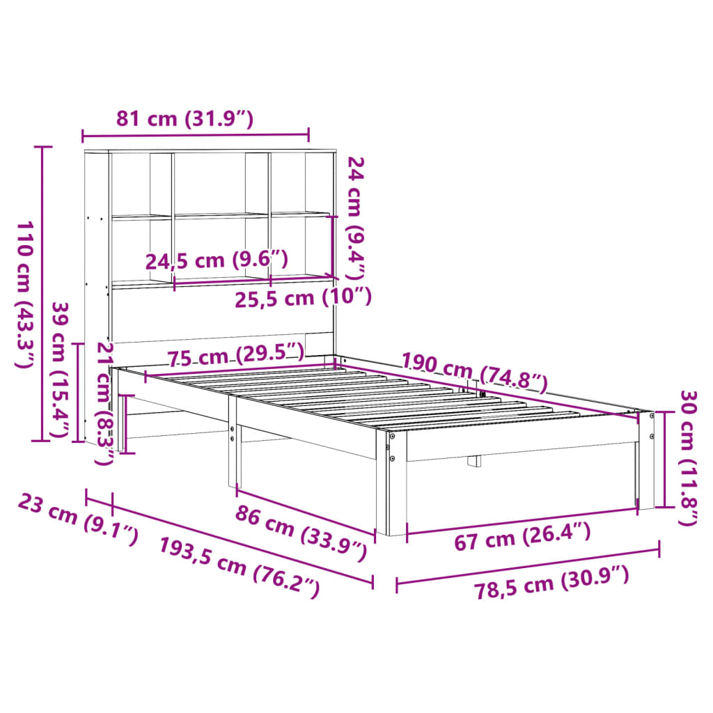 Seng med bokhylle uten madrass voksbrun 75x190 cm heltre furu