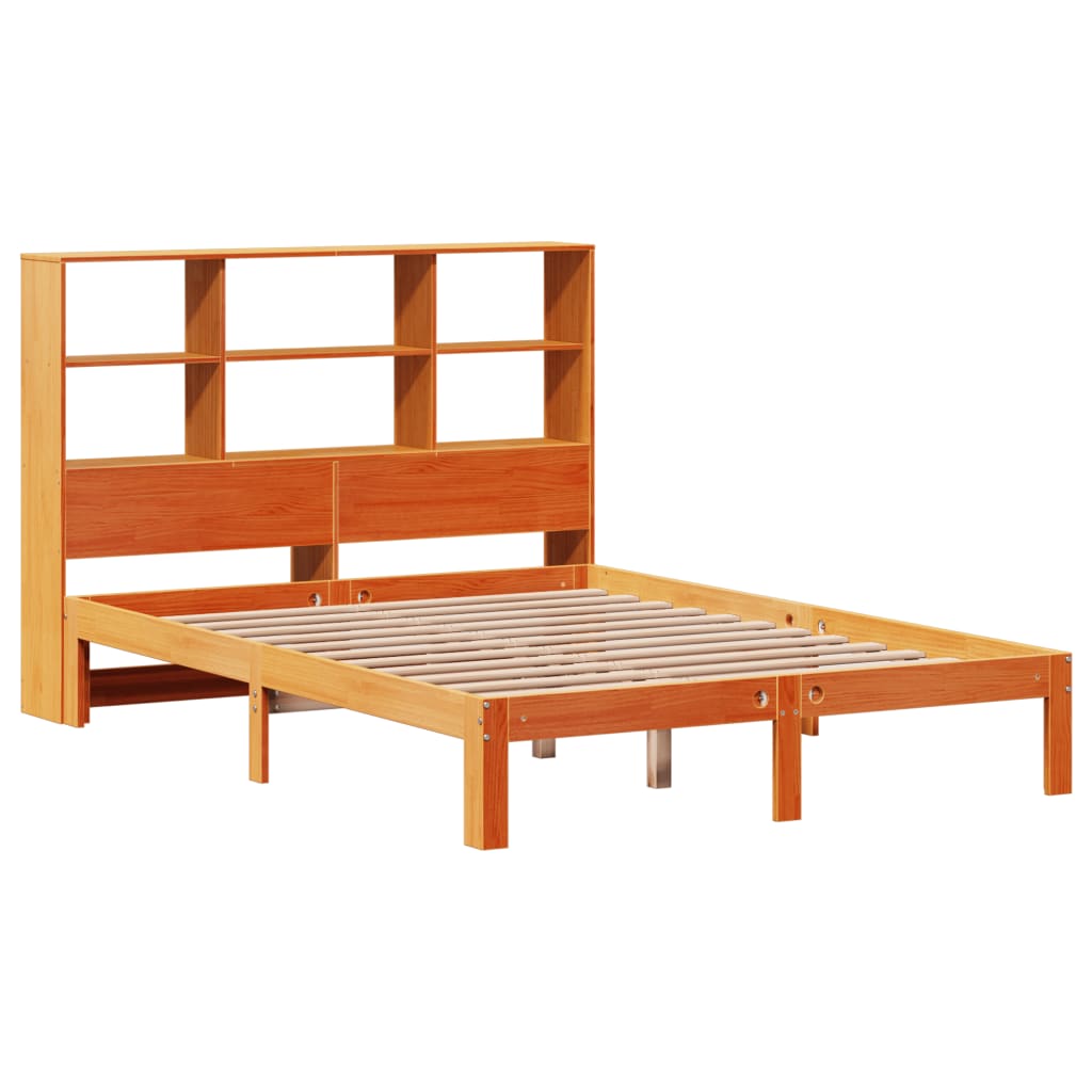 Seng med bokhylle uten madrass voksbrun 135x190 cm heltre furu