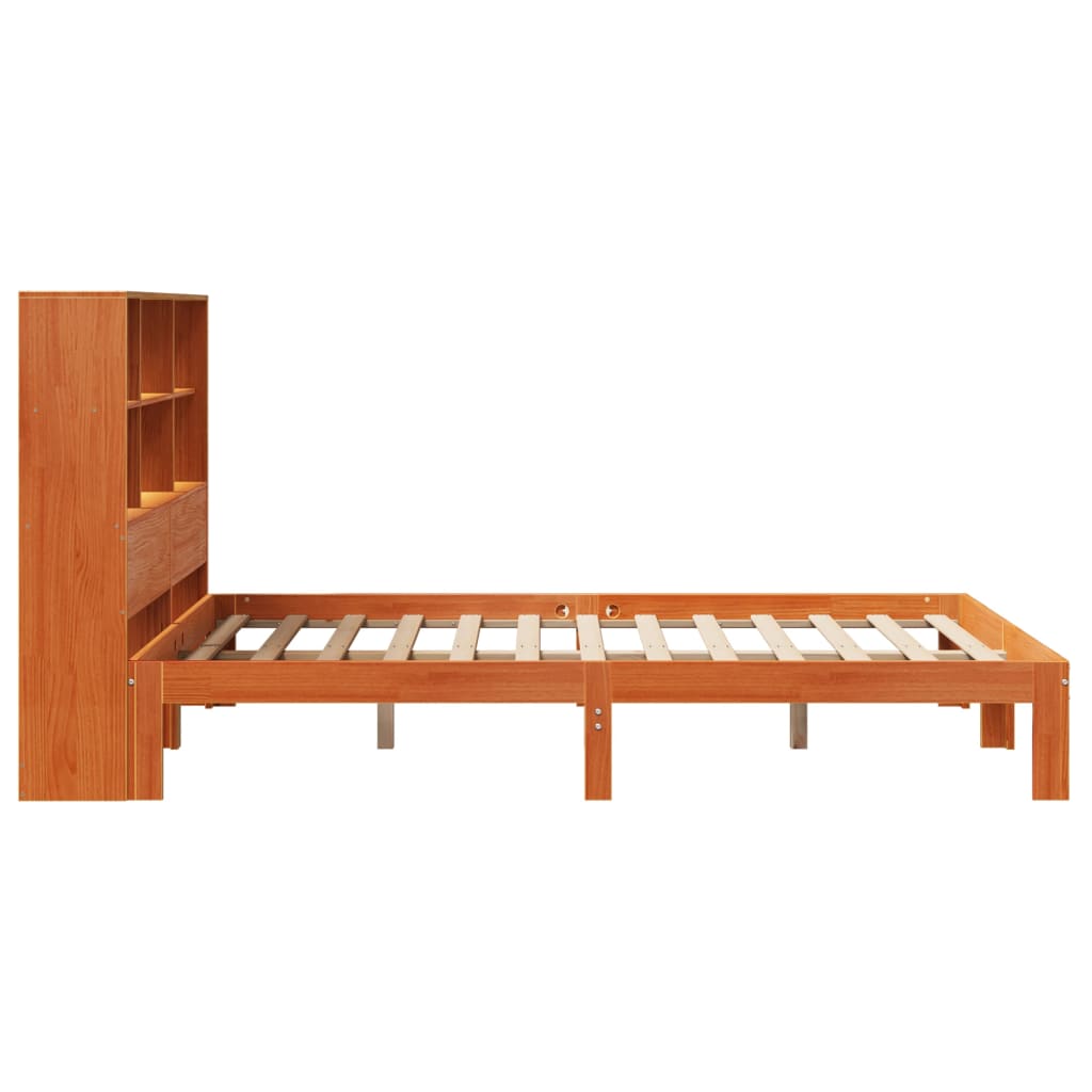 Seng med bokhylle uten madrass voksbrun 135x190 cm heltre furu