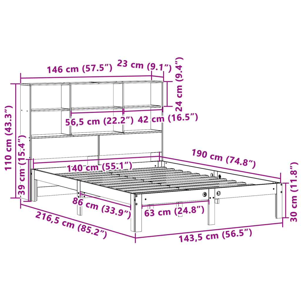 Seng med bokhylle uten madrass voksbrun 140x190 cm heltre furu