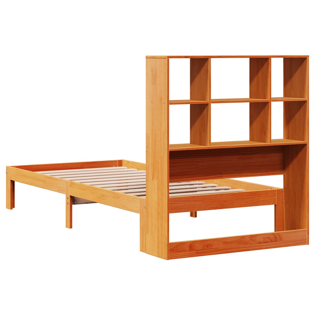 Seng med bokhylle uten madrass voksbrun 100x200 cm heltre furu