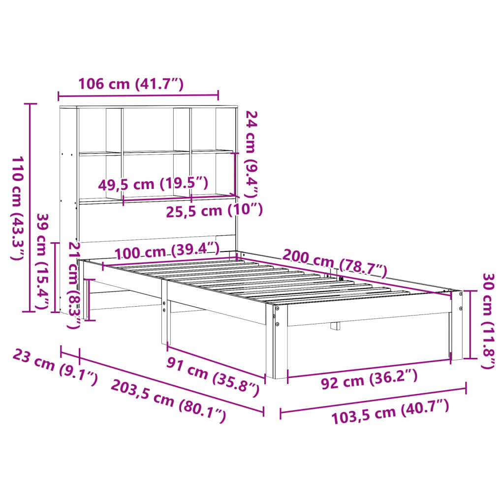 Seng med bokhylle uten madrass voksbrun 100x200 cm heltre furu