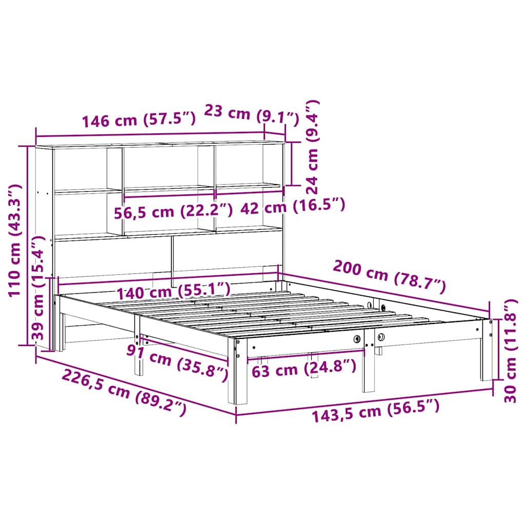 Seng med bokhylle uten madrass voksbrun 140x200 cm heltre furu