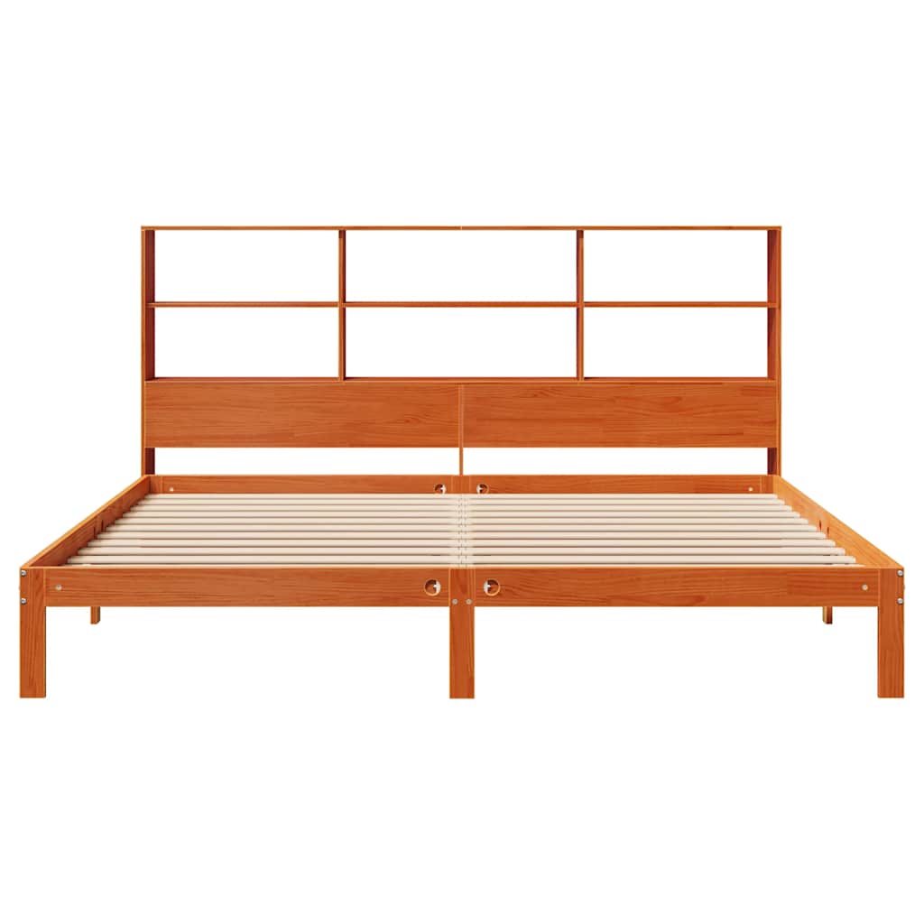 Seng med bokhylle uten madrass voksbrun 180x200 cm heltre furu