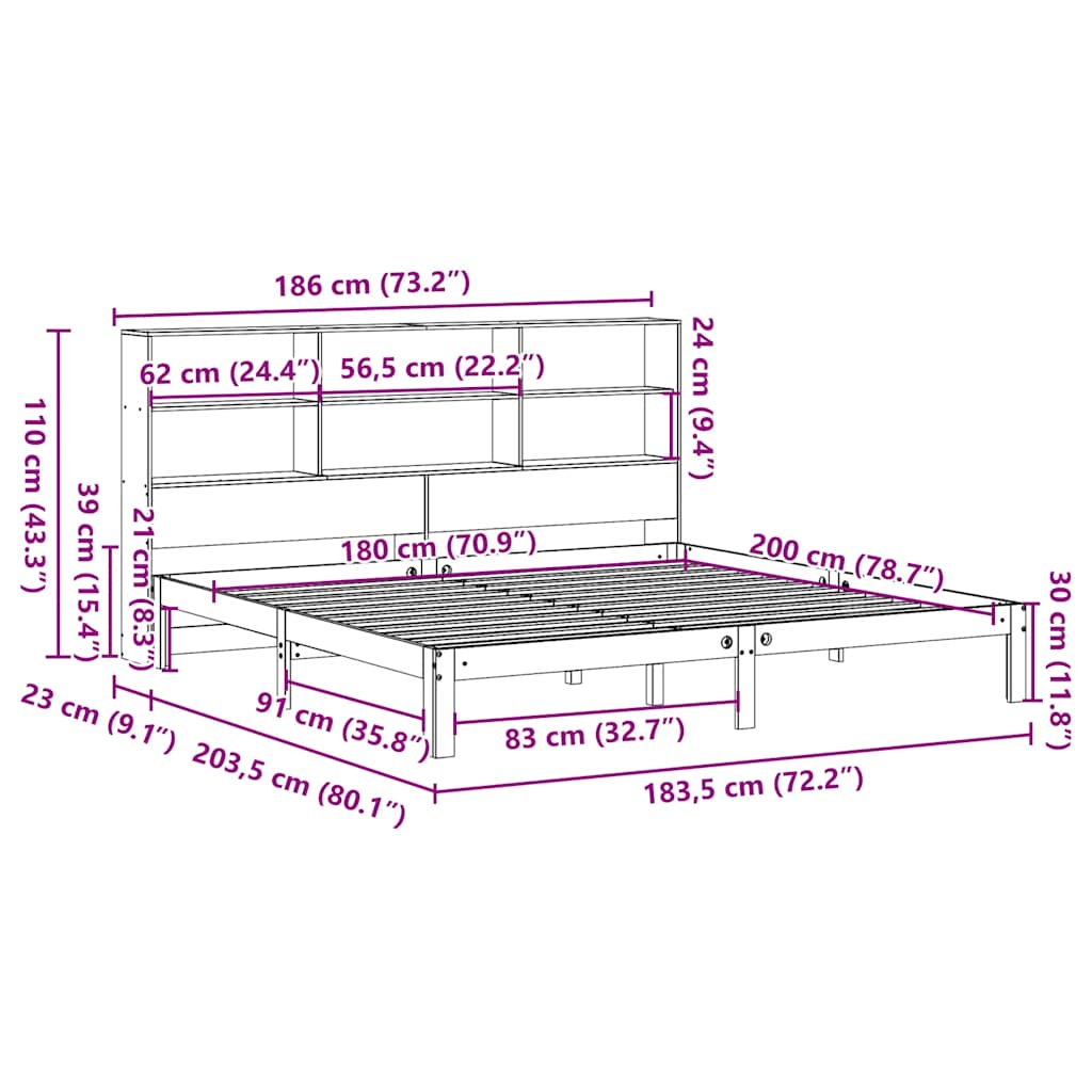 Seng med bokhylle uten madrass voksbrun 180x200 cm heltre furu