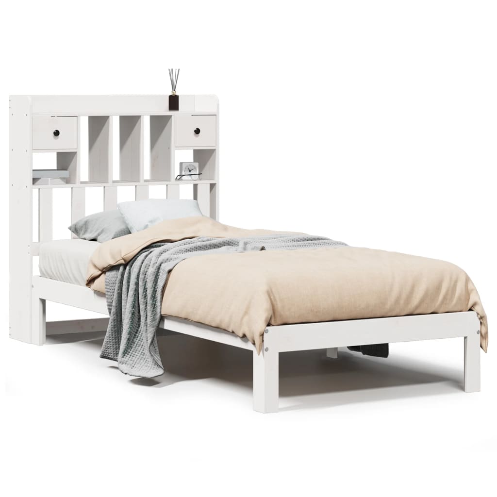Seng med bokhylle uten madrass hvit 75x190 cm heltre furu
