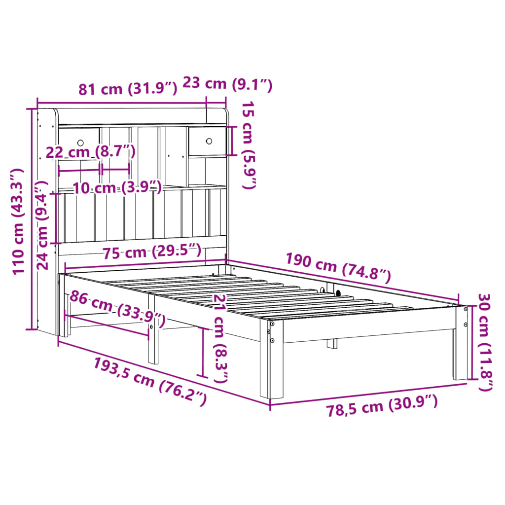 Seng med bokhylle uten madrass hvit 75x190 cm heltre furu