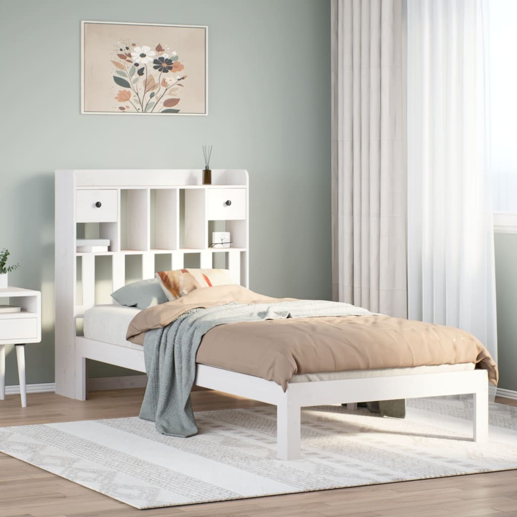 Seng med bokhylle uten madrass hvit 75x190 cm heltre furu